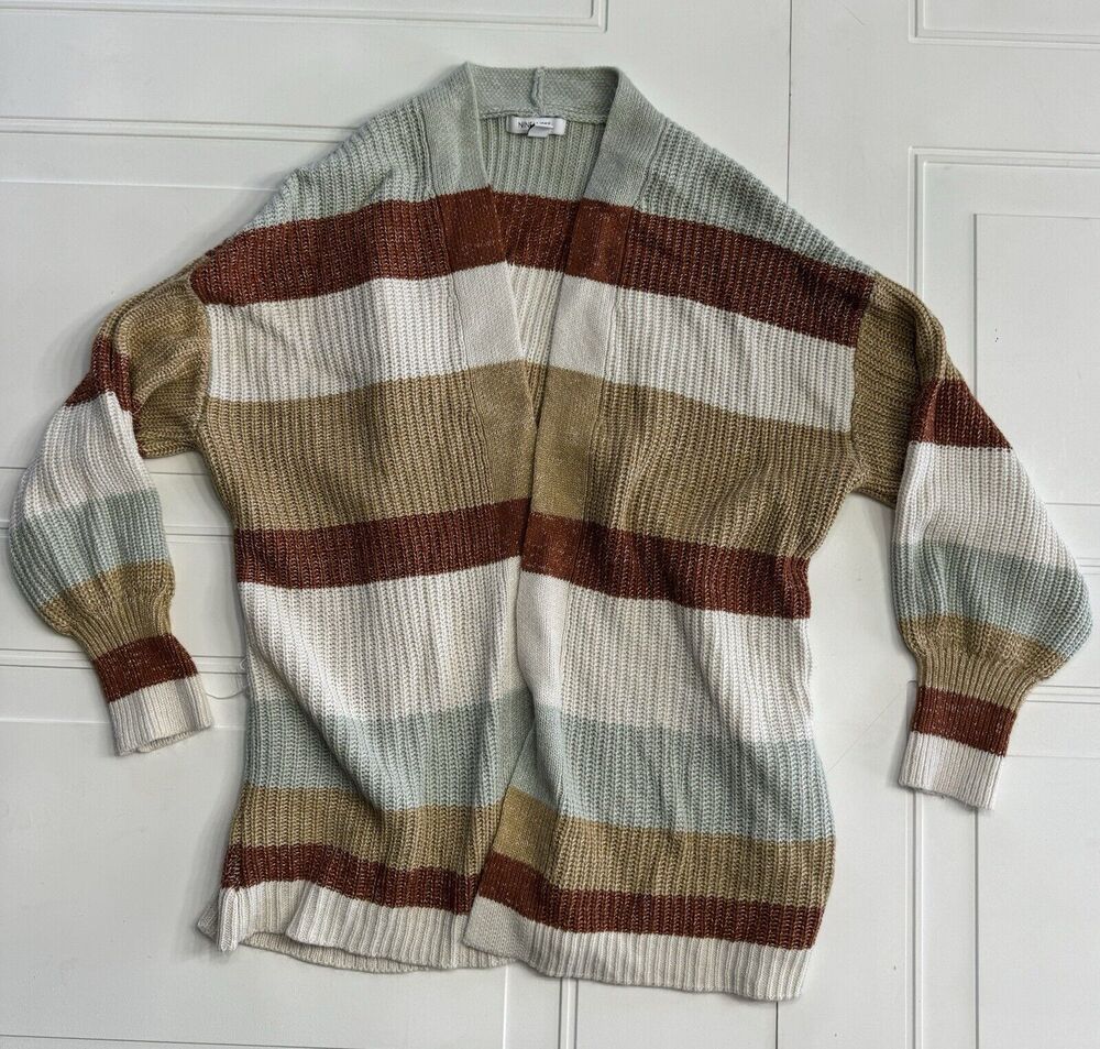 Nine West Women’s Sz M Chunky Striped Cardigan Ivory Brown Blue Soft
